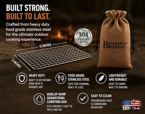Portable Bushcraft Stainless BBQ Large Cooking Grill Grate & Burlap Hemp Drawstring Bag. Camping, Campfires, Backpacking, Hunting & Fishing. (Large Grill & Bag ONLY) - size: Large Grill & Bag