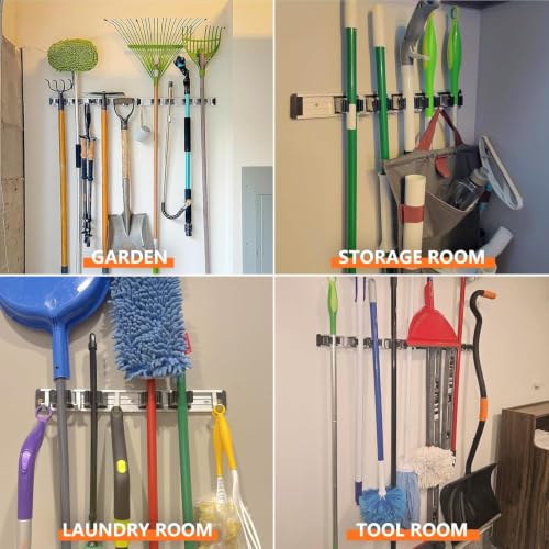 reliahom Broom Holder Wall Mount Mop Hanger Tools organizer 5Racks 4Hooks | Adjustable Mop Broom Wall Hanging Heavy duty Tools Storage Rack Space-saving for Garage,Kitchen,Laundry Room,Garden, Black - color: Black