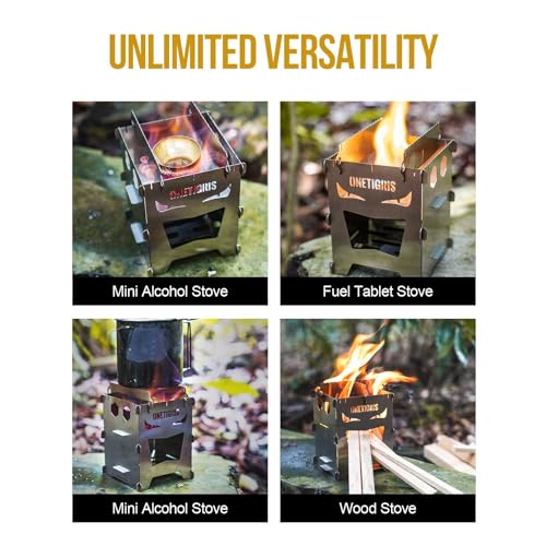 OneTigris Camping Backpacking Stove Portable Foldable Burning Wood Stove for Outdoor Hiking Picnic BBQ,Stainless Steel (Medium)