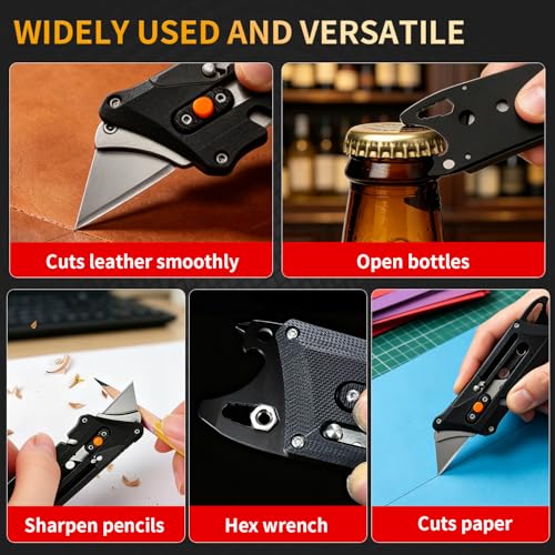 EDC Slide Utility Knife With Bottle Opener Hex Wrench Safety Lock Quick Change Mechanism 5 Extra SK5 Replacement Blade Lightweight Black G10 Handle Multitool Box Cutter Men Father Diy Gift Choice