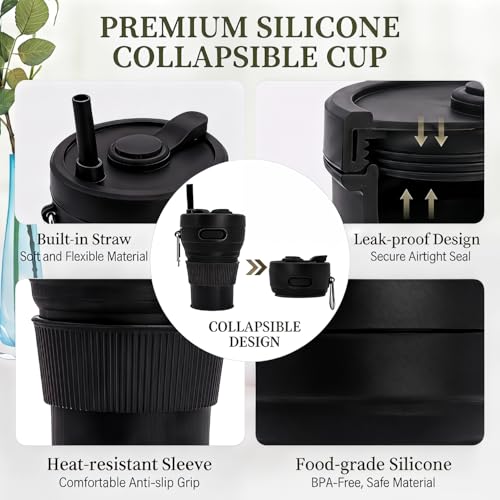 Silicone Coffee Mug Collapsible Cups for Camping Folding Travel with Straw Reusable Portable Drinking Cups Outdoor Hiking 450ml (Green-450ml, 1) - color: Green-450ml