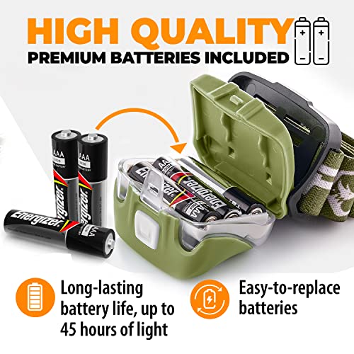 Foxelli LED Headlamp Flashlight for Adults & Kids, Running, Camping, Hiking Head Lamp with White & Red Light, Comfortable Headband, Lightweight & Waterproof, 3 AAA Batteries - color: Khaki