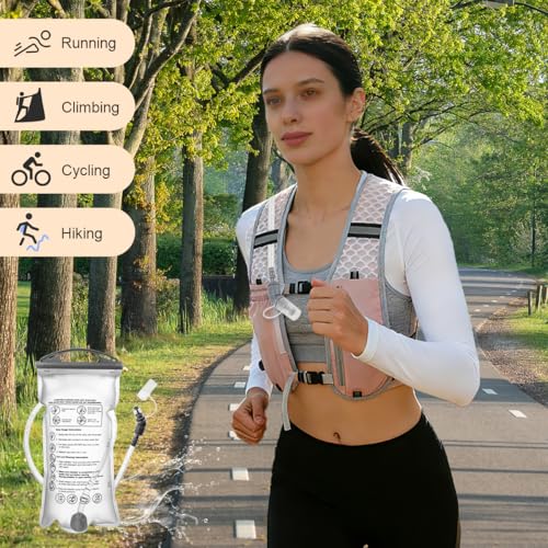 Running Vest Hydration Backpack for Men Women, Lightweight Breathable Hydration Packs, Adjustable Chest Straps Daypack, Reflective Water Running Vest for Marathon, Trail, Hiking, Cycling - color: Pink