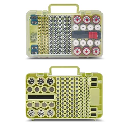Battery Organizer Storage Case with Tester Checker. Batteries Holder Box Container for 120+ AA AAA 9V C D Lithium CR2025 CR1632 CR2032 Coin Cell Battery with Wall-Mounted Design -Green - color: Green