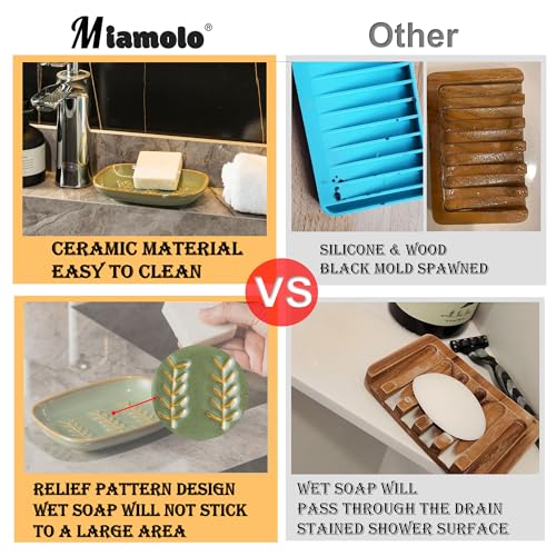 Miamolo Ceramic Soap Dish for Bathroom Sink, Bar Soap Holder Soap-Saving | Raised Ridges Keep Soap Dry, Large Soap Saver for 2 Bars, Sponges, Shower Kitchen Sink | Easy to Clean, Wedding Gift, Green - color: Green, size: Leaf Design