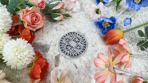 Portable Makeup Compact Double Magnifying Mirror Cosmestic Foldable Pocket Style Unique Mother of Pearl Design (Ivy) - color: Ivy