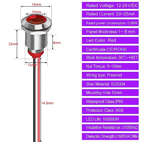 Gebildet 5pcs 12mm LED Metal Indicator Light AC/DC 12-24V Waterproof Signal Lamp Pilot Dash Directional with Wire(Red) - color: Red AC/DC 12-24V