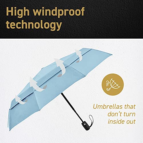 Windproof Travel Umbrella Auto Open Close, Compact 42" Folding Umbrella | Collapsible Rain Umbrella with Vented Double Canopy, Fiberglass and Steel Frame, Strong Wind Resistant - color: Light Blue