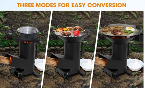 ONLYFIRE GRILLS 3-in-1 Rocket Stove, Camping Wood Burning Stove, GS302 | Portable Camp Grill with Cooking Grate, Flat Top Griddle & Pot Rack, Off-grid for Outdoor Patio Backyard RV Tailgating - style: GS302