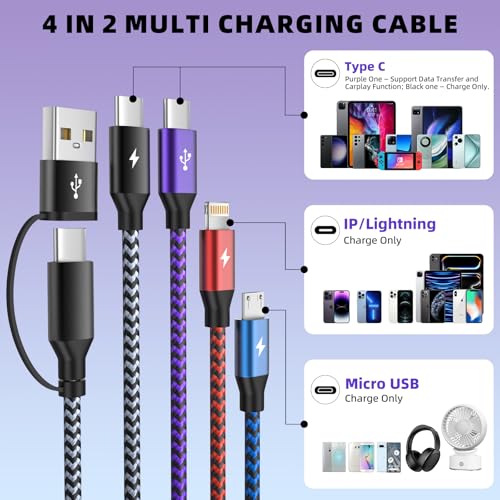 USB C/A Multi Charging Cable, 4 in 2 Charging Cords for Multiple Devices | 5FT Multi Charger Cable with 2 Type-C, IP and Micro USB Cable, Phone Charger Cord for iPhone 17-8, Android, iPad, Galaxy - color: Black_Gray