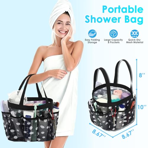 Fammart Mesh Shower Caddy Portable for College Dorm Room Essentials, Odorless Polyester Large Shower Tote Bag with Dual Handles, 8-Pocket Quick-Dry Toiletry Organizer for Travel, Beach, Camping, Gym - color: Multiple Pockets, 1 Pack - Polka Dots