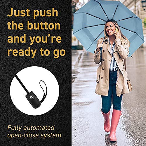 Windproof Travel Umbrella Auto Open Close, Compact 42" Folding Umbrella | Collapsible Rain Umbrella with Vented Double Canopy, Fiberglass and Steel Frame, Strong Wind Resistant - color: Light Blue