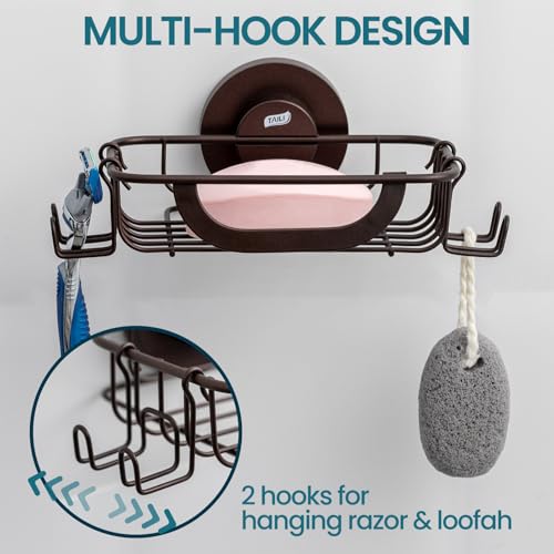 TAILI Soap Holder, Soap Dish Suction Cup with Hooks, Stainless Steel, Brown | Soap Dish for Shower, Bathroom Bar soap holder Shower Wall, Stainless Steel Sponge Holder for Tub Kitchen - color: Brown