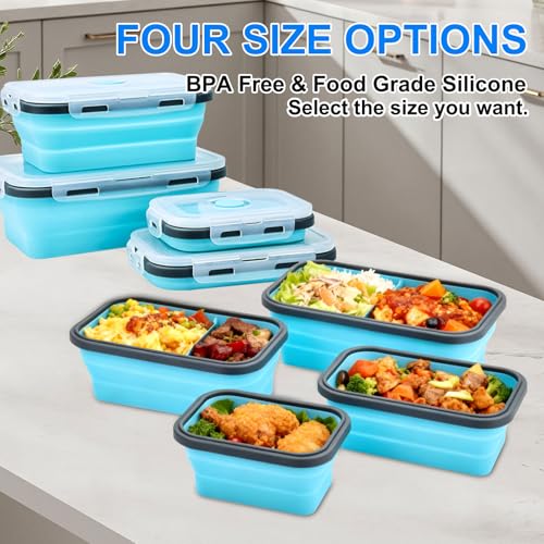 Collapsible Silicone Food Storage Containers 4 Set Airtight Leak Proof Food Containers with Lids Meal Prep for Microwave Freezer Dishwasher for Kitchen Camping Office Navy Blue - color: Navy blue