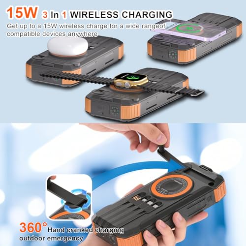 Solar Power Bank 49800mAh, 15W 3-in-1 Wireless Charger, 25W Fast Charging USB C Portable Charger, Solar & Hand Crank External Battery with LED Flashlight for Camping Outdoor Emergency iPhone Android