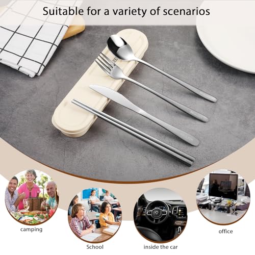 iNKULEER Travel cutlery set, 18/8 stainless steel cutlery, Reusable utensils set with case, Portable Silverware Lunch Box for Camping and Office-Stainless steel - color: White
