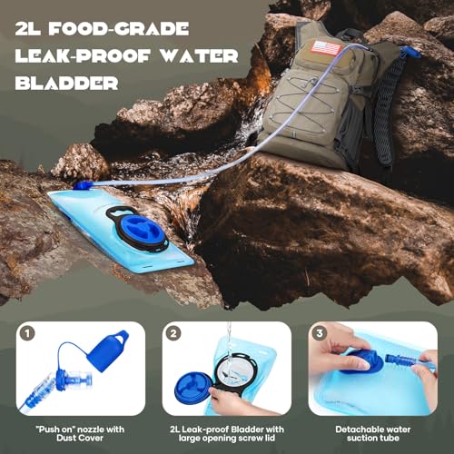 Maelstrom Lightweight Hydration Hiking Backpack with 2L/3L Water Bladder | BPA-free, High Flow Bite, Insulated Compartment, Reflective Strip, Utility Pockets, Perfect for Running, Cycling, Marathon - color: 4.Khaki, size: 2L Bladder