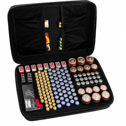 Comecase Battery Storage Case with Tester, Holds 148+ AA AAA C D 9V, Black - size: Large 148+Batteries