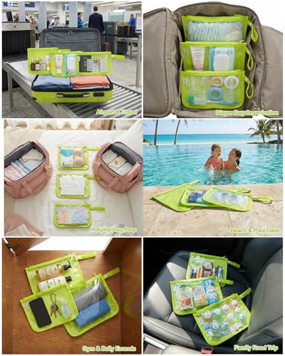 babygoal TSA Approved Lime Green Clear Travel Organizer Bags 3 Pack | Water Resistant Fabric, Dual Inner Pockets, Detachable Snap Handle, Secure Zipper Closure Storage Pouches - color: Fluorescent Green