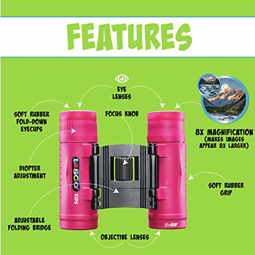 Tasco Kids Binoculars 8x21, Compact Binoculars for Kids Ages 3-12, Great for Adventures, Hiking, Camping, Travel, Bird Watching - color: Pink