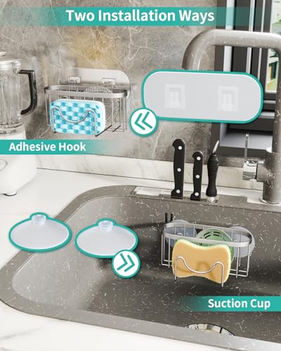 HapiRm Multifunctional Kitchen Sponge Holder with Unique M-Shaped, 2 Installation Ways Sink Caddy, Stainless Steel Kitchen Organizer for Sponge, Brush, Sink Stopper and Scraper -Brushed Nickel - color: Brushed Nickel, size: with M-shaped Holder