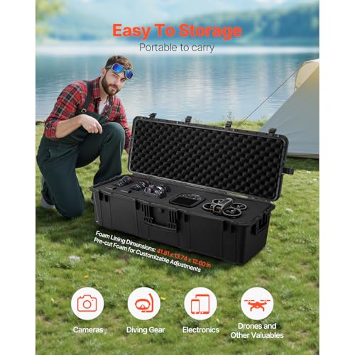 VEVOR Dry Box, Waterproof Hard Case with Pre-Cut Foam, 44 x 16 x 13.5inch | For Travel, Hunt, Cameras, Double-layer Anti-theft Design, Retractable Pull Handles, Easy to Move & Carry, IP67 Waterproof - size: 112x41x34 cm