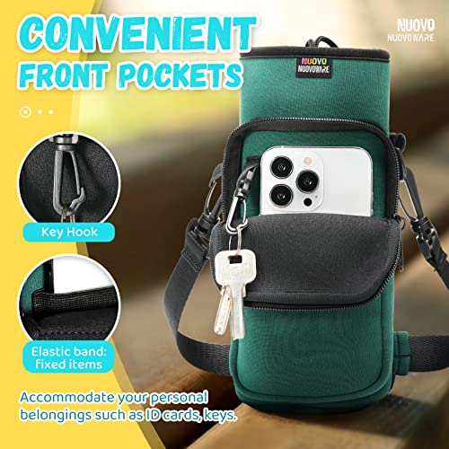 Nuovoware Water Bottle Carrier Bag, 750ml Bottle Pouch Holder, Adjustable Shoulder Hand Strap 2 Pocket Sling Neoprene Sleeve Sports Accessories for Hiking Travelling Camping, Blackish Green - color: Blackish green, size: 25-32 Ounces - Standard