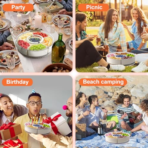 Divided Serving Tray with Lid and Handle, Portable Snackle Box Container for Fruits Snacks Charcuterie Organizer, Spinning Rounded Veggie Tray for Kitchen, Party, Travel and Picnic - size: 6 Compartments