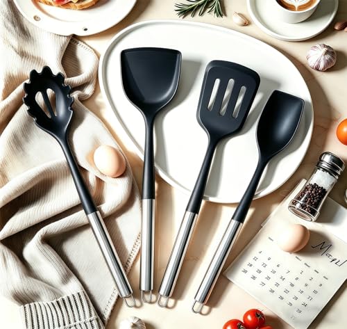Large Silicone Cooking Utensils Set, 10Pcs Nonstick Kitchen Utensil Set with Stainless Steel Handle, BPA Free Spatula Set with Turners Spoon Ladle Skimmer(Black/Silver) - color: Black/Silver