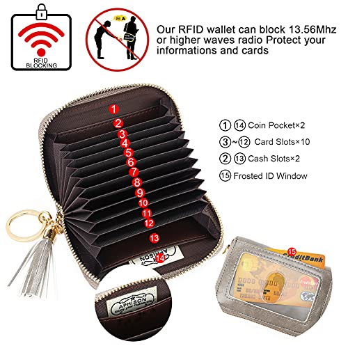 APHISON RFID Credit Card Holder Zipper Card Case Keychain Small Wallet for Women 1927 GRAY - color: 0-GRAY(single zip)