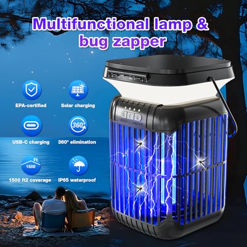 ZENO Solar Bug Zapper, 3-in-1 Waterproof Mosquito Killer & LED Lantern | Dual folding solar panels & USB rechargeable battery. Portable, efficient indoor/outdoor insect trap for camping, yard, patio