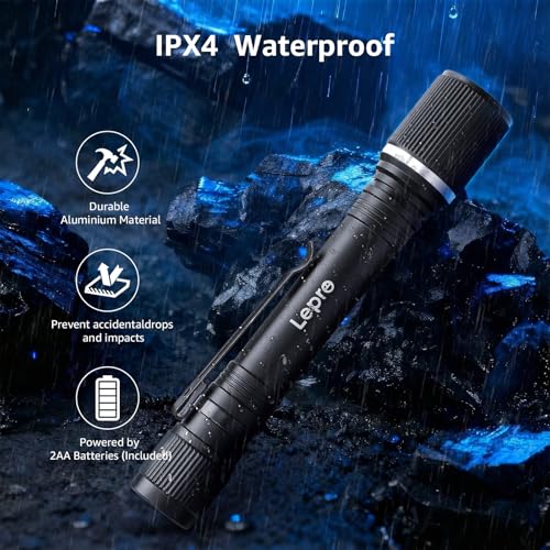 Lepro LED Mini Flashlight High Lumens with Clip, Waterproof, Energy Saving, Portable for Outdoor, Emergency, AA Batteries Included, Tactical & Camping Accessories