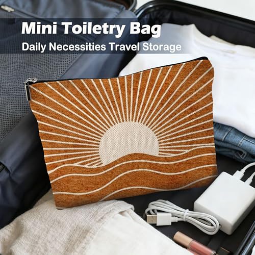 Abstract Boho Sun Sunlight Makeup Bag, Retro Mid Century Modern Burn Orange Boho Sunset Sunrise Cosmetic Bags Toiletry Bag Makeup Pouch - color: Boho - Sun