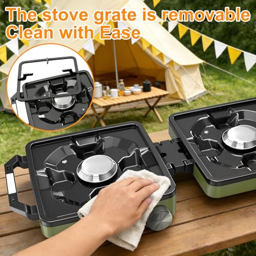 2-Burner Pro Camping Stove,24000 BTU Camp Stove,Foldable Propane Stove Includes Carry Bag,Windscreen Griddle, Portable Stove,Camping Essentials,Suitable For Outdoor Cooking,Tailgating,Grilling (Green)