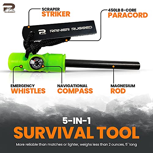 Rainier Rugged 5-in-1 Glow-in-The-Dark Fire Starters Kits with Compass, Signal Mirrors, Whistles -Magnesium Ferro Rods - Compact Portable Hiking, Camping, Trekking,Emergency Survival Rescue