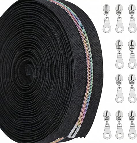 Sawoake 10 Yards Bulk Zipper(#5) Colorful Teeth with Black Nylon Coil Zipper By The Yards,Can Replace 10PCS Sliders - color: Colorful-Black-1