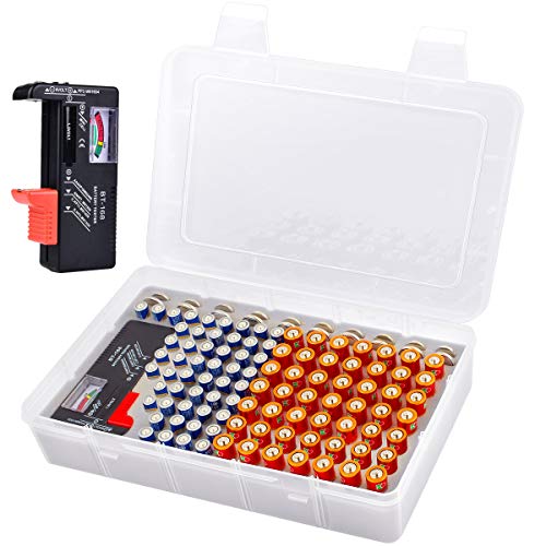 ALCYON Battery Organizer with Tester for 49 AA, 51 AAA and 20 Button Cells | Clear Shell, Pre-Cut Foam and Snap Closure Keep Batteries Upright; Hanging Holes Save Drawer Space, Batteries Not Included - size: X-Large