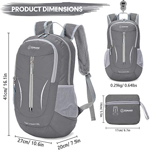 ZOMAKE Lightweight Packable Backpack 25L, Foldable Hiking Daypack - color: Medium Grey, size: 25L