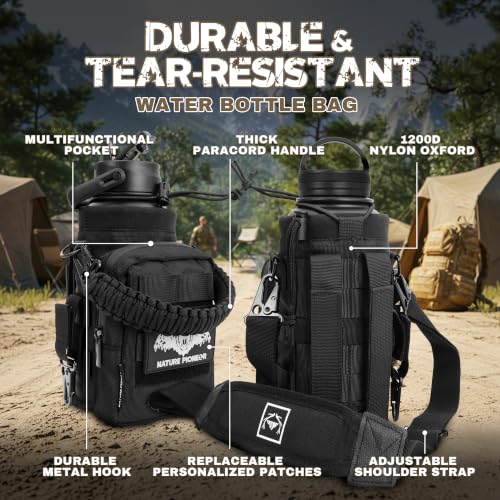 NATURE PIONEOR 32 oz Tactical Water Bottle with MOLLE Bottle Pouch & 3 Lids | 18/8 Food-grade Stainless Steel, Double Vacuum Insulation, 3 Leak-proof Lids, Handle, Strap, Camping, Hiking, Gym, Work - color: Black, size: 32 Ounces