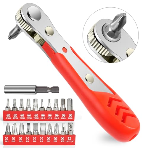 OSDUE Mini Ratchet Wrench Screwdriver Bit Set, 22 PCS Ratchet Screwdriver Set 1/4 Ultra Low Profile Micro Socket Set, High Torque Offset Reversible Screwdriver,w/Phillips, Hex for Tight Spaces - color: 22pcs Mini Ratchet Wrench Screwdriver Bit Set