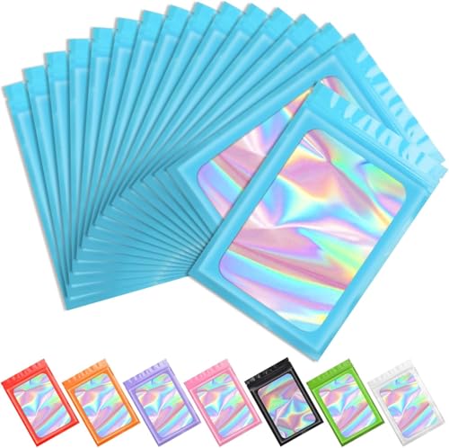 Funfery 100pcs Mylar Holographic Bags-Resealable Zipper&Clear Window (Blue, 3.9 x 7.1 Inch) - color: Blue, size: 3.9 x 7.1 Inch