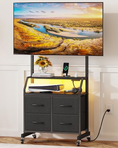 GYIIYUO Rolling TV Stand with Mount & 4 Fabric Drawers for 32-75 inch TVs | Holds up to 145 lbs with lockable rolling wheels, built-in 2 AC outlets and USB charging, great for apartments and bedrooms - color: Black