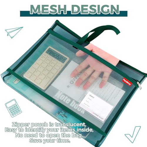Pendancy Dark Green Folder Bag with Handle, Fits A3 Paper, Mesh Pouch - color: Translucent Green, style: DIY Label Type A3 Size(13x17in)