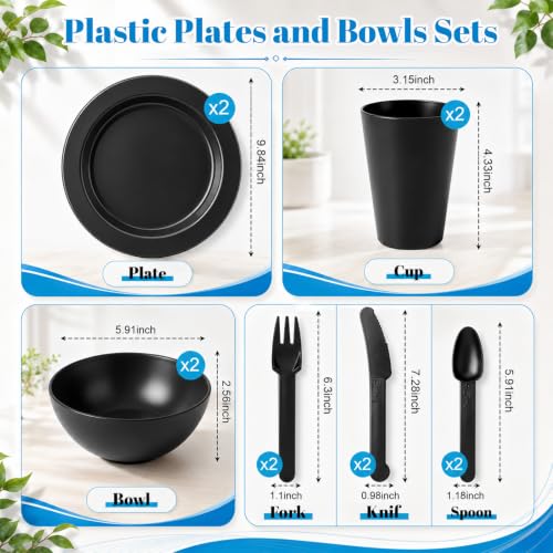 LemonRoad College Dorm Dishes Essential Kit 2 Set Plastic Plates and Bowls, 1 Set 33oz Microwave Ramen Bowl with Chopstick Spoon Fork Picnic Dinnerware Camping Mess Kit for College Dorm Room(Black) - color: Black