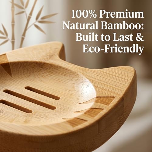 Bamboo Soap Dish Self Draining for Shower - Cute Cat Bamboo Soap Tray Holder Saver with Drainage, Natural Waterproof Decorative Tray for Bathroom, Kitchen, Sponges, Bath Tub, Shower, Sink - 1 Pack