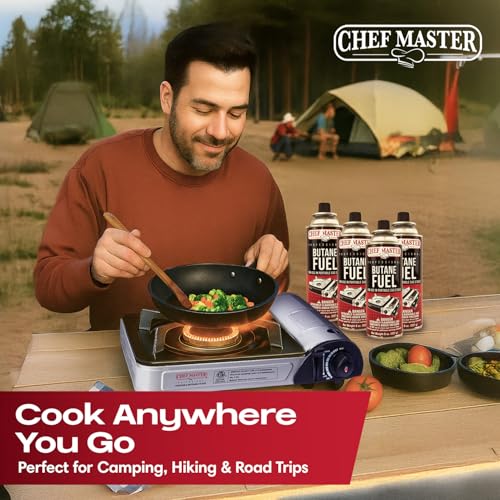 Chef Master Butane Camping Stove - Combo w/ 4x Fuel Canisters, 10,000 BTU - style: Stove & Fuel