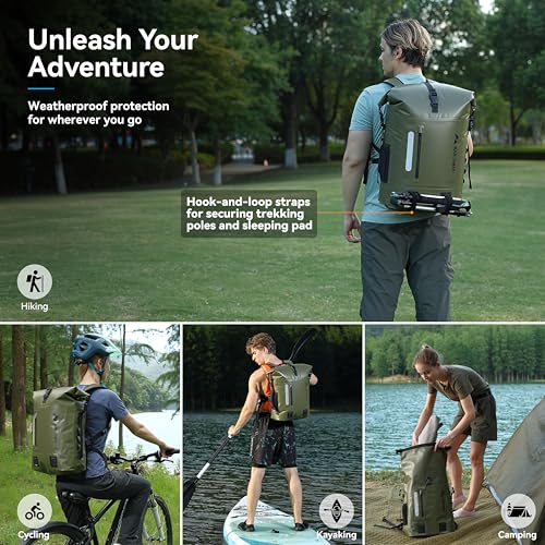 MARCHWAY Roll Top Waterproof Backpack, Floating Dry Bag 20L/30L/45L with Ergonomic Rectangular Base, Cushioned Back, Hip Strap for Hiking Camping Kayaking Travel (Army Green, 20L) - color: Army Green, size: 20L