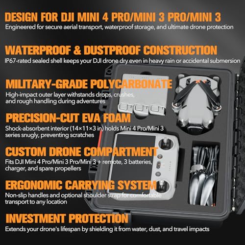 Hard Case for DJI Mini 4 Pro: Waterproof Hard Shell with Foam for DJI Drone Mini 3 Pro/Min3/RC2/RC/RC-N2/N1| Travel Carrying Storage Box for fly more combo Batteries and Accesories Kit ( Case Only)
