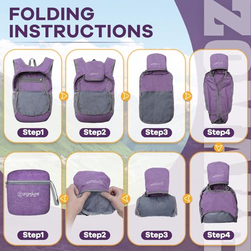 ZOMAKE Lightweight Packable Backpack, 10L Small Foldable Daypack for Hiking - color: Light Purple A1, size: 10L