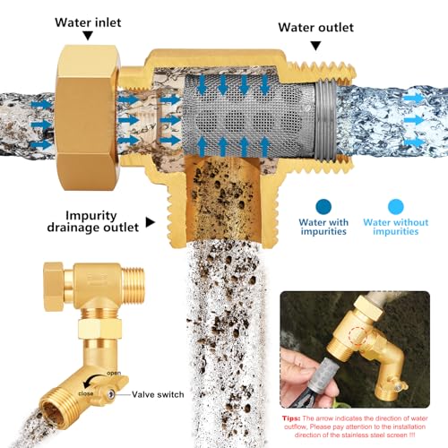 Garden Hose Filter Attachment with 100 Mesh and 40 Mesh Stainless Steel Screen,Brass Filter Pressure Washer Inlet for RV Camping Car Wash Rainwater Filtration (with Valve) - color: with valve